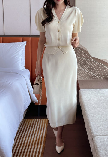 Elnia V-neck Puff Knit Cardigan H-Line Skirt Set